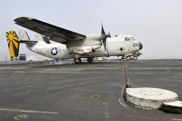 US_Navy_110718-N-EE987-140_A_C-2A_Greyhound_assigned_to_the_Providers_of_Fleet_Logistics_Combat_Support_Squadron_(VRC)_30_lands_aboard_the_aircraft